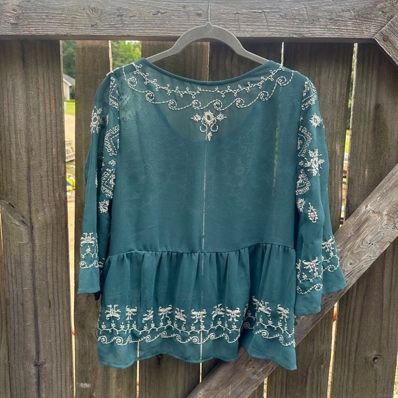 Free People Boho Pennies Sequel Teal Blue Green Embroidered Bell Sleeve Blouse - Picture 9 of 9